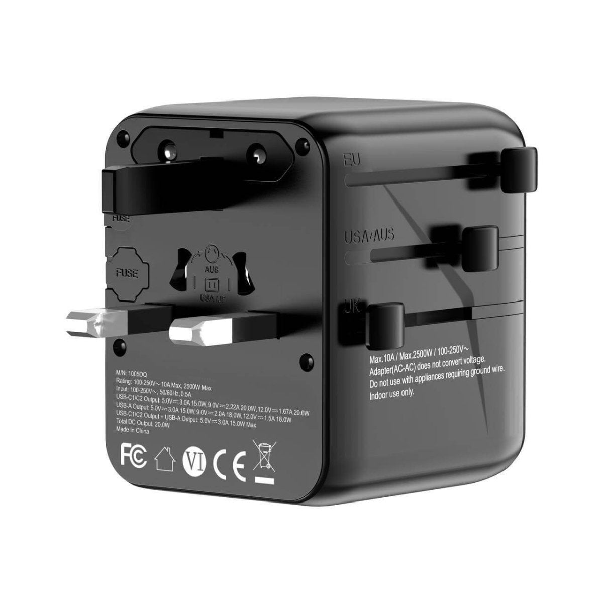 Universal Travel Adapter – All - in - One with 2 USB - C, 1 USB - A | Worldwide Plug Support (US, UK, EU, AU) - HTT Mobiles