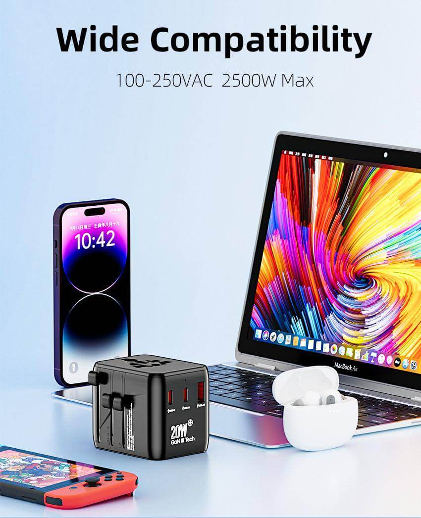Universal Travel Adapter – All - in - One with 2 USB - C, 1 USB - A | Worldwide Plug Support (US, UK, EU, AU) - HTT Mobiles