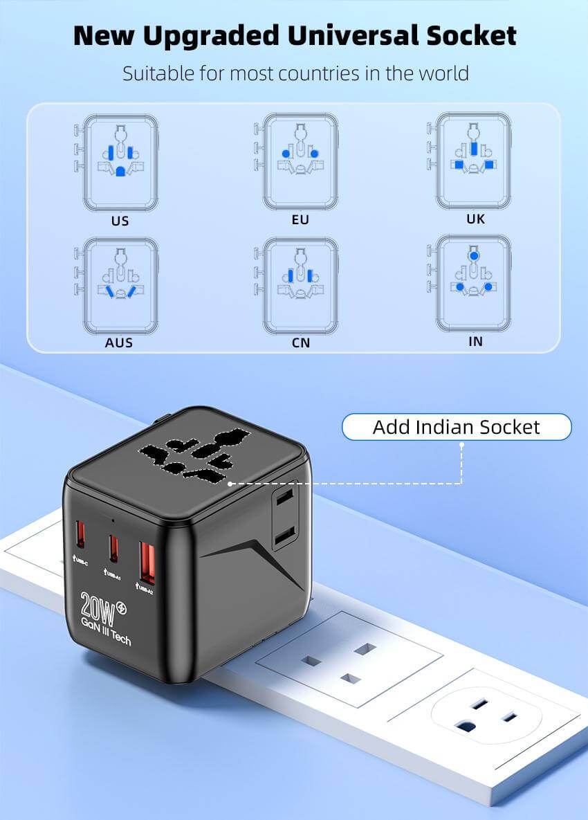Universal Travel Adapter – All - in - One with 2 USB - C, 1 USB - A | Worldwide Plug Support (US, UK, EU, AU) - HTT Mobiles