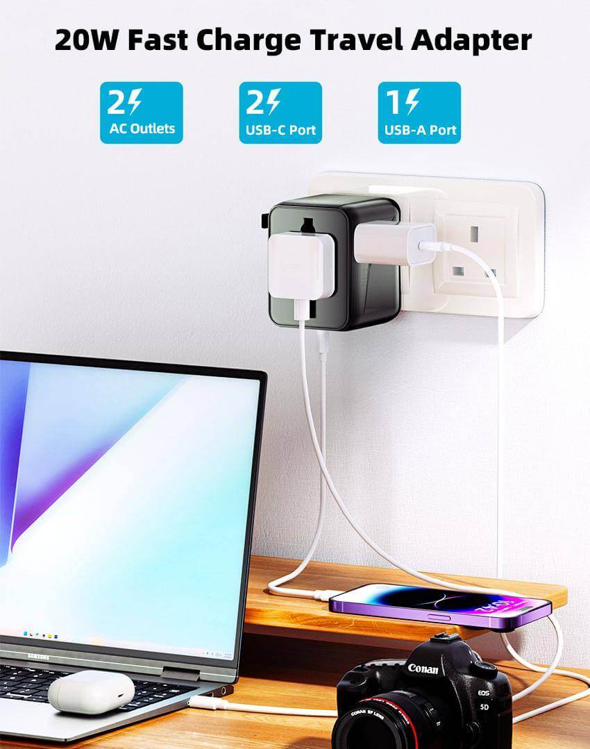 Universal Travel Adapter – All - in - One with 2 USB - C, 1 USB - A | Worldwide Plug Support (US, UK, EU, AU) - HTT Mobiles
