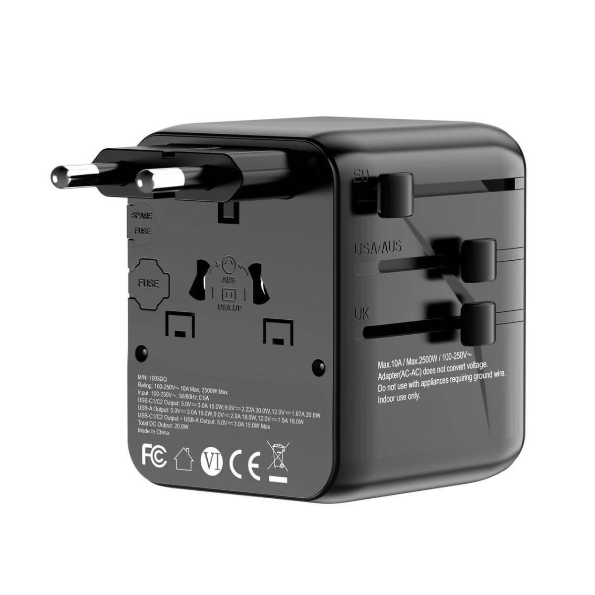 Universal Travel Adapter – All - in - One with 2 USB - C, 1 USB - A | Worldwide Plug Support (US, UK, EU, AU) - HTT Mobiles