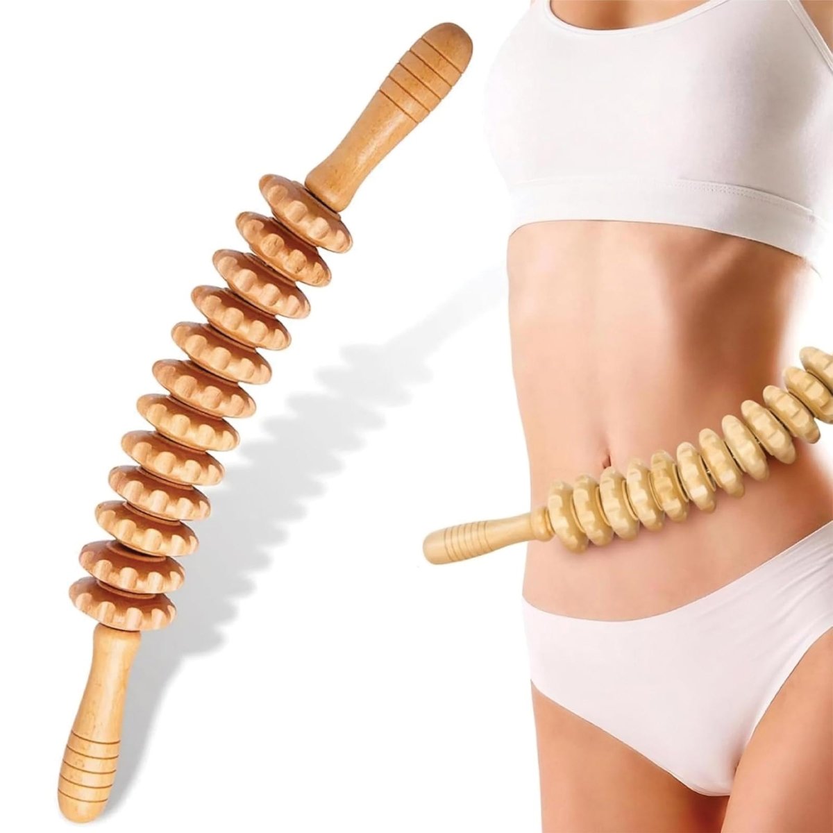 Wood Therapy Massage Roller Stick – 12 Wheel Curved Body Sculpting Tool for Lymphatic Drainage & Cellulite - HTT Mobiles