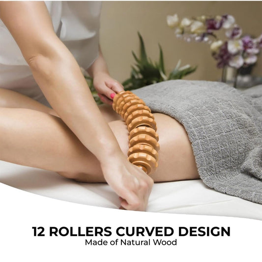Wood Therapy Massage Roller Stick – 12 Wheel Curved Body Sculpting Tool for Lymphatic Drainage & Cellulite - HTT Mobiles