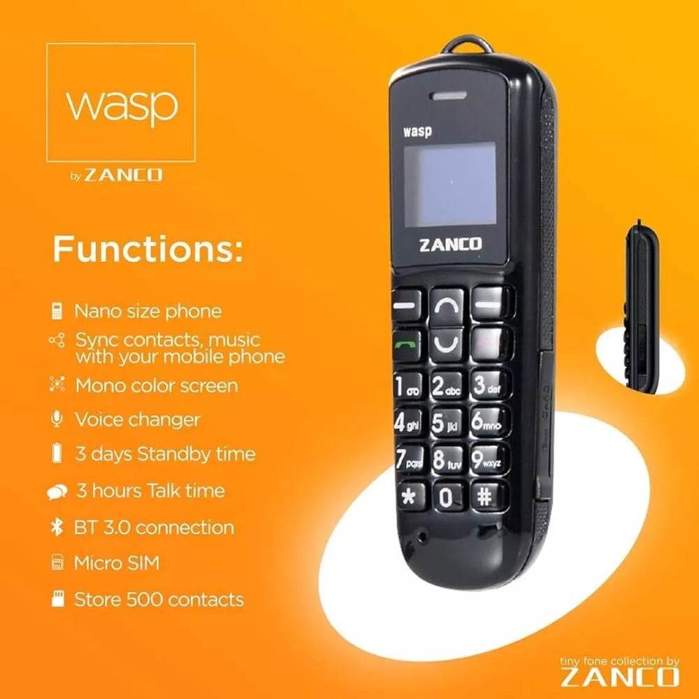 Zanco Wasp – World's Most Compact Mini Mobile Phone (Black) – Bluetooth Dialer, Voice Changer & MP3 - HTT Mobiles