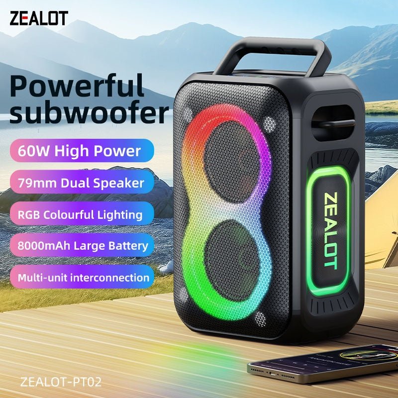 Zealot PT02 Portable Bluetooth Speaker – 60W High Power, RGB Colourful Lights, Outdoor Stereo - HTT Mobiles