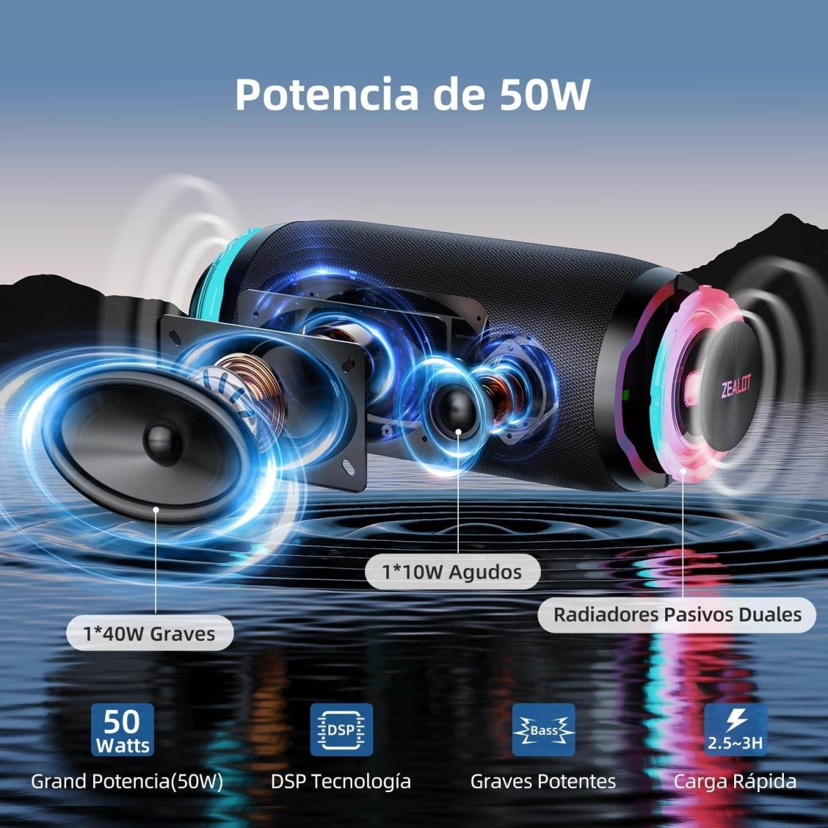 ZEALOT Bluetooth Speaker with LED Light, 50W Portable Speaker, Powerful Stereo Bass, Bluetooth 5.3, IPX6 Waterproof, Double Pairing, EQ, AUX Port, USB, TF Card, for Home/Pool/Beach/Party ZEALOT Bluetooth Speaker with LED Light, 50W Portable Speaker, Powerful Stereo Bass, Bluetooth 5.3, IPX6 Waterproof, Double Pairing, EQ, AUX Port, USB, TF Card, for Home/Pool/Beach/Party